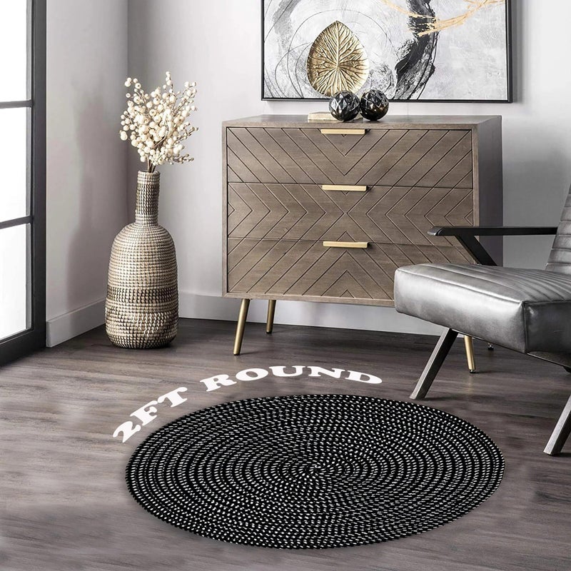 HUAHOO Hand Woven Round Area Rugs Living Room Bedroom Study Computer Chair Cushion Base Mat Round Carpet Lifts Basket Swivel Chair Pad Coffee Table Rug(2' Round, Black/White) - Image 2